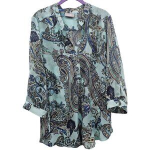 Wallis Blue, Beige, Brown, Off-white ColoredPaisley Sheer Blouse Size L